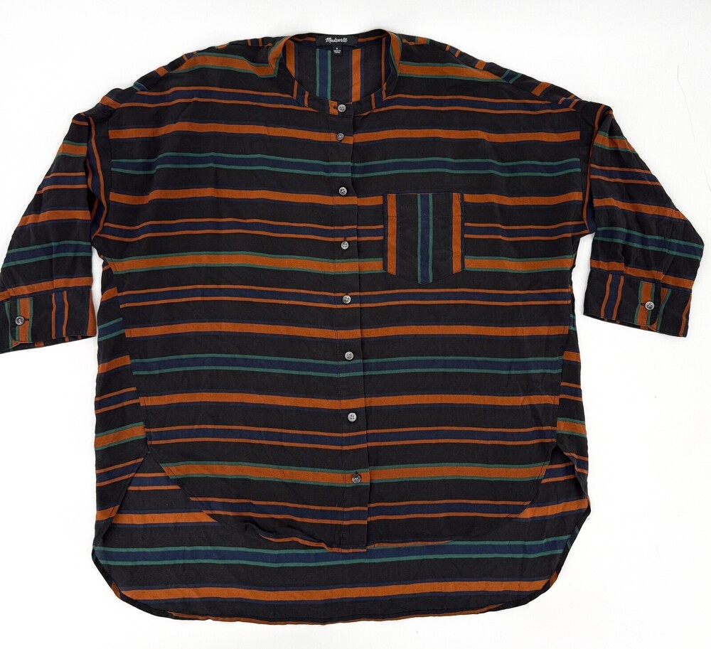 Madewell Shirt Womens Small Black Stripe Silk Band Collar Button Front